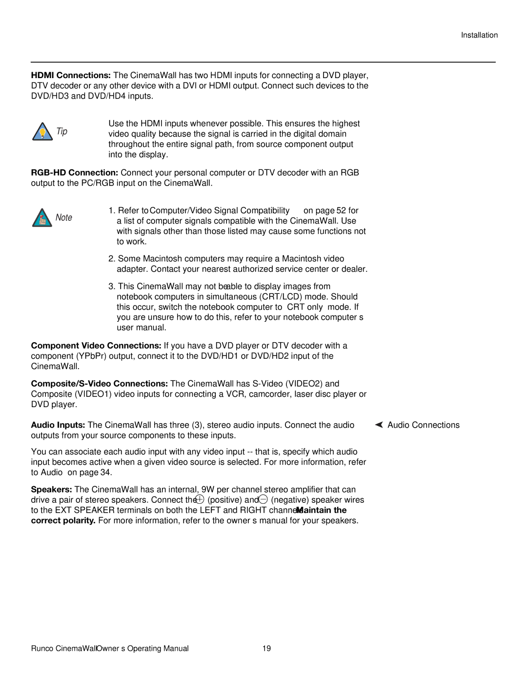 Runco CW-42HD, CW-50XA, CW-61 manual Refer to Computer/Video Signal Compatibility on page 52 for, Audio Connections 