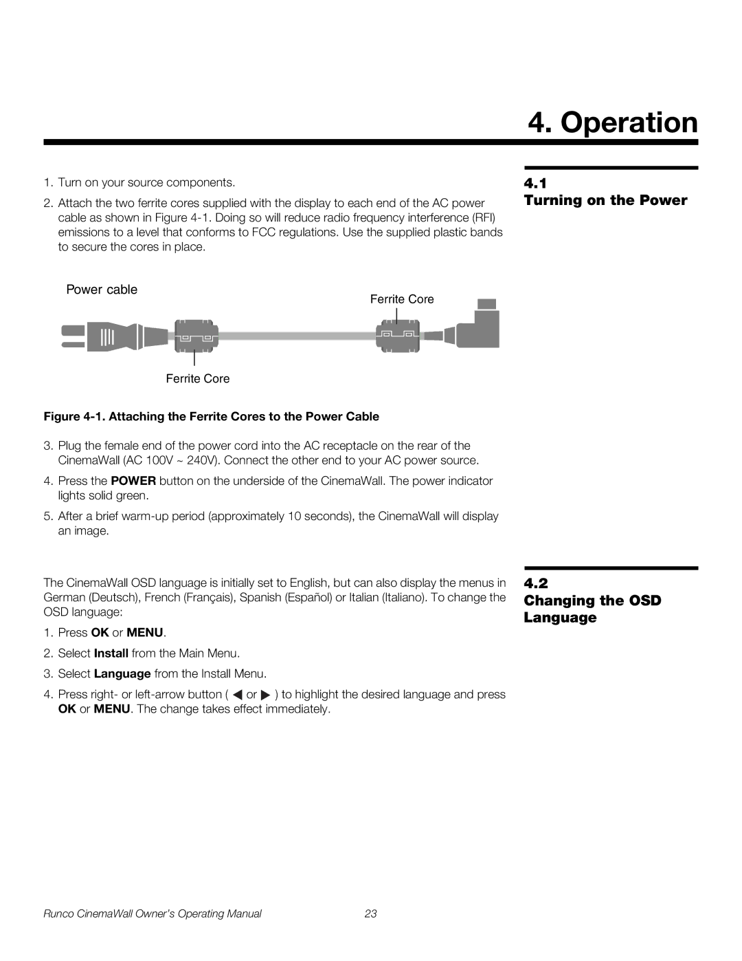 Runco CW-50XA, CW-61, CW-42HD manual Operation, Turning on the Power, Changing the OSD Language 