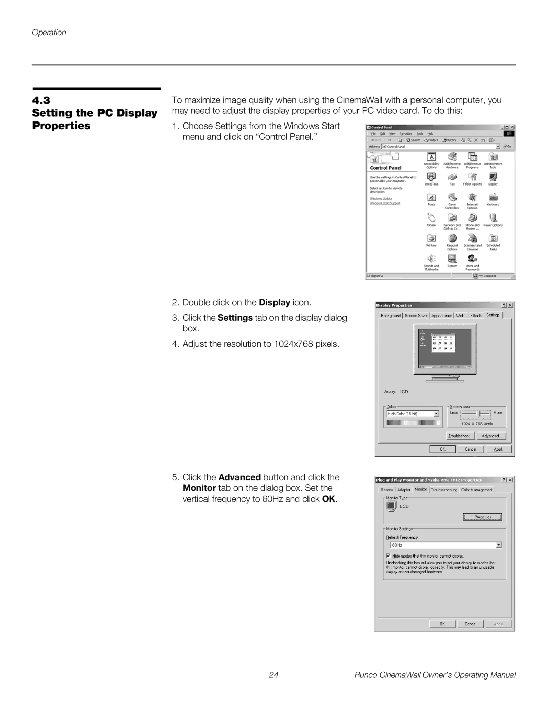 Runco CW-61, CW-50XA, CW-42HD manual Setting the PC Display Properties 