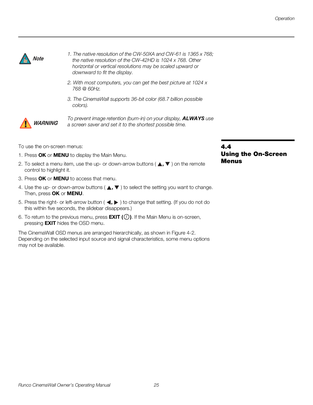 Runco CW-42HD, CW-50XA, CW-61 manual Using the On-Screen Menus 