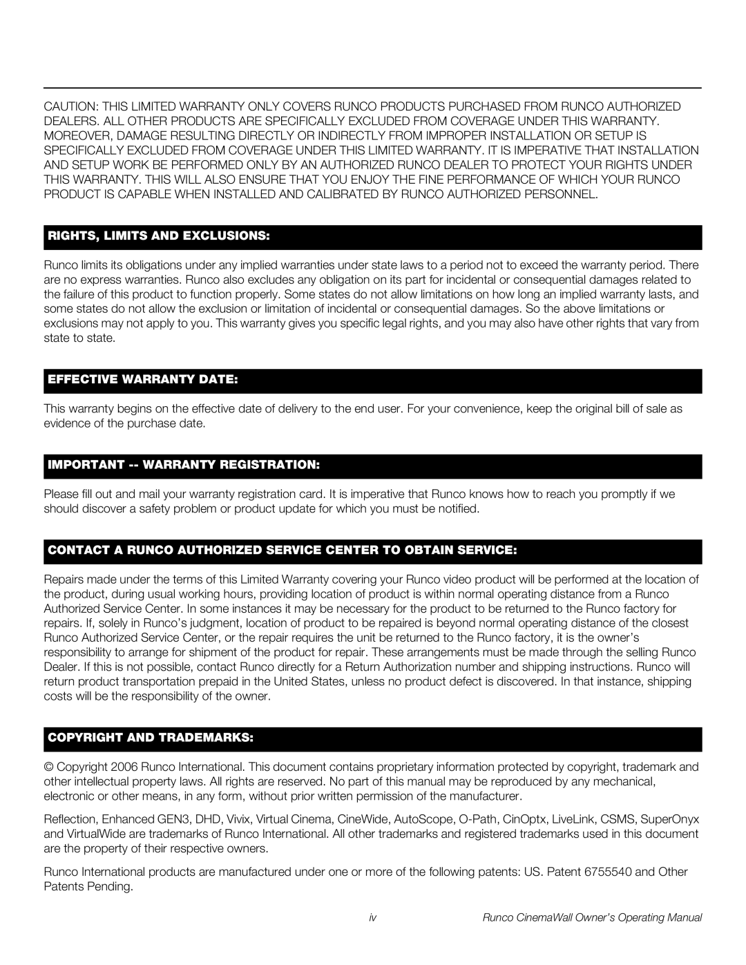 Runco CW-61, CW-50XA, CW-42HD manual RIGHTS, Limits and Exclusions 