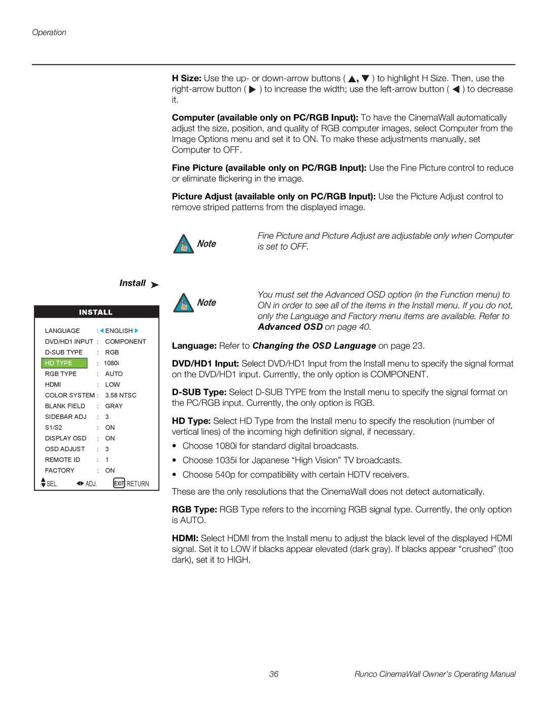 Runco CW-61, CW-50XA, CW-42HD manual Install, Language Refer to Changing the OSD Language on 