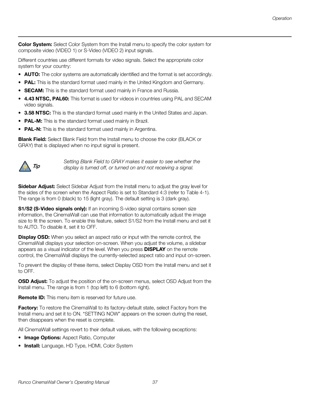 Runco CW-42HD, CW-50XA, CW-61 manual Setting Blank Field to Gray makes it easier to see whether 