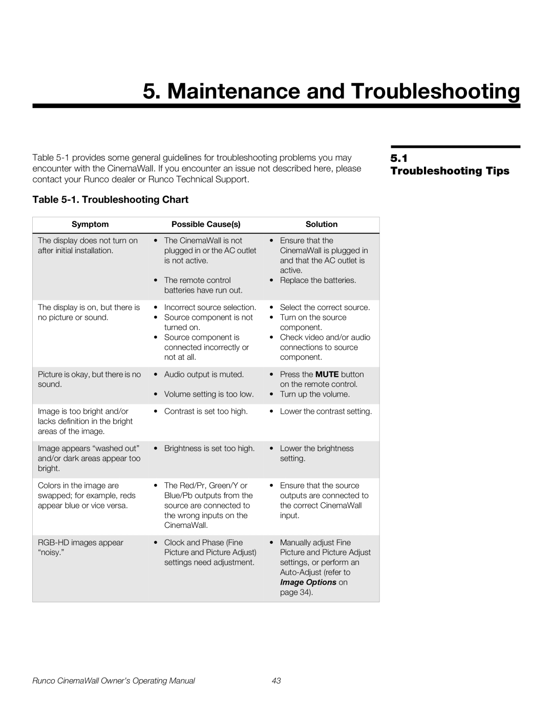 Runco CW-42HD, CW-50XA, CW-61 manual Maintenance and Troubleshooting, Troubleshooting Tips, Symptom Possible Causes Solution 