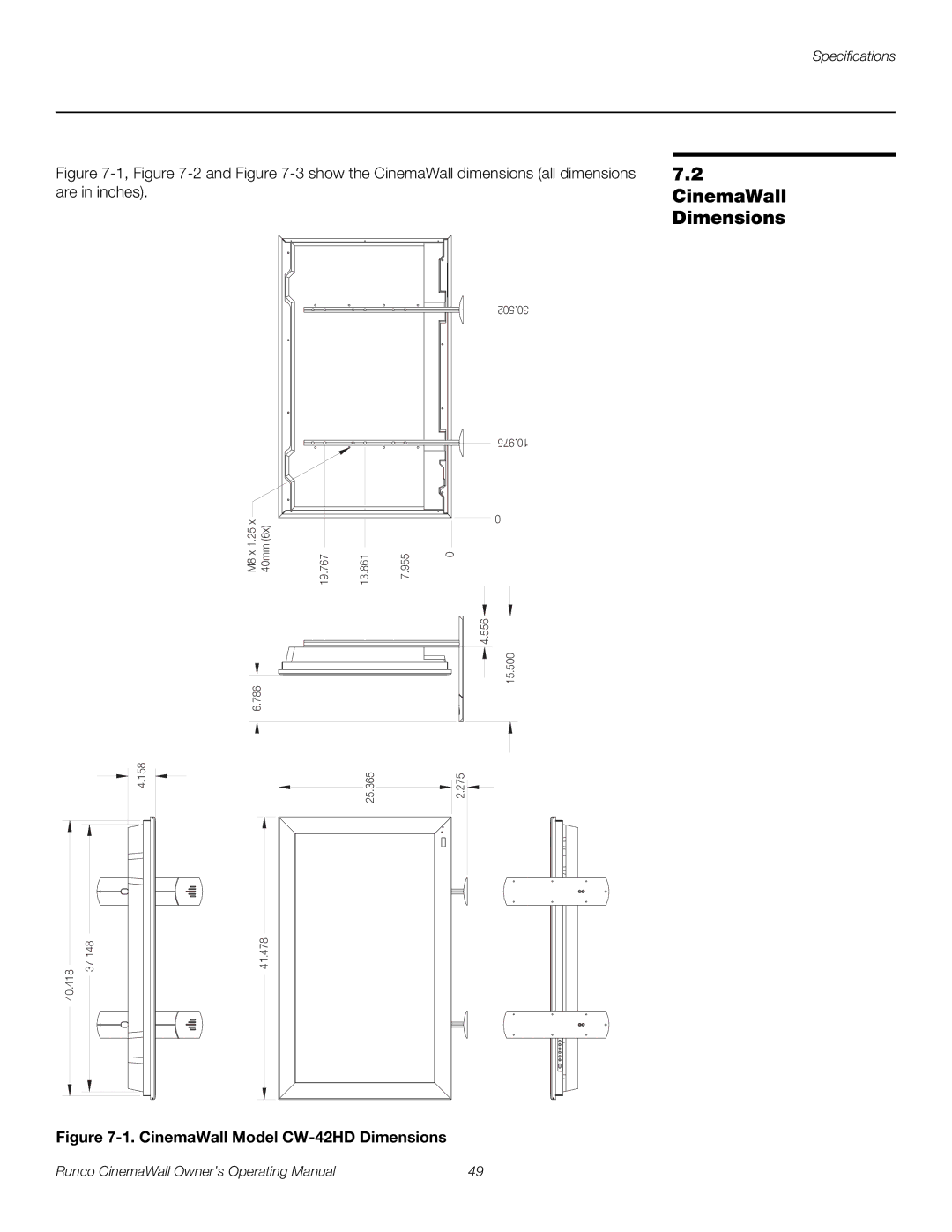 Runco CW-50XA, CW-61 manual CinemaWall Model CW-42HD Dimensions 