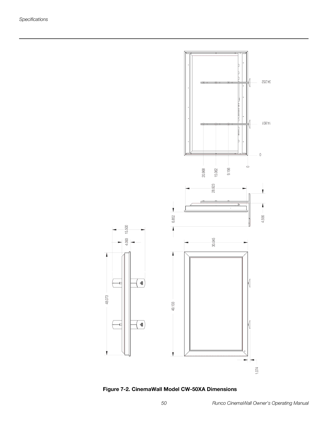 Runco CW-61, CW-42HD manual CinemaWall Model CW-50XA Dimensions 