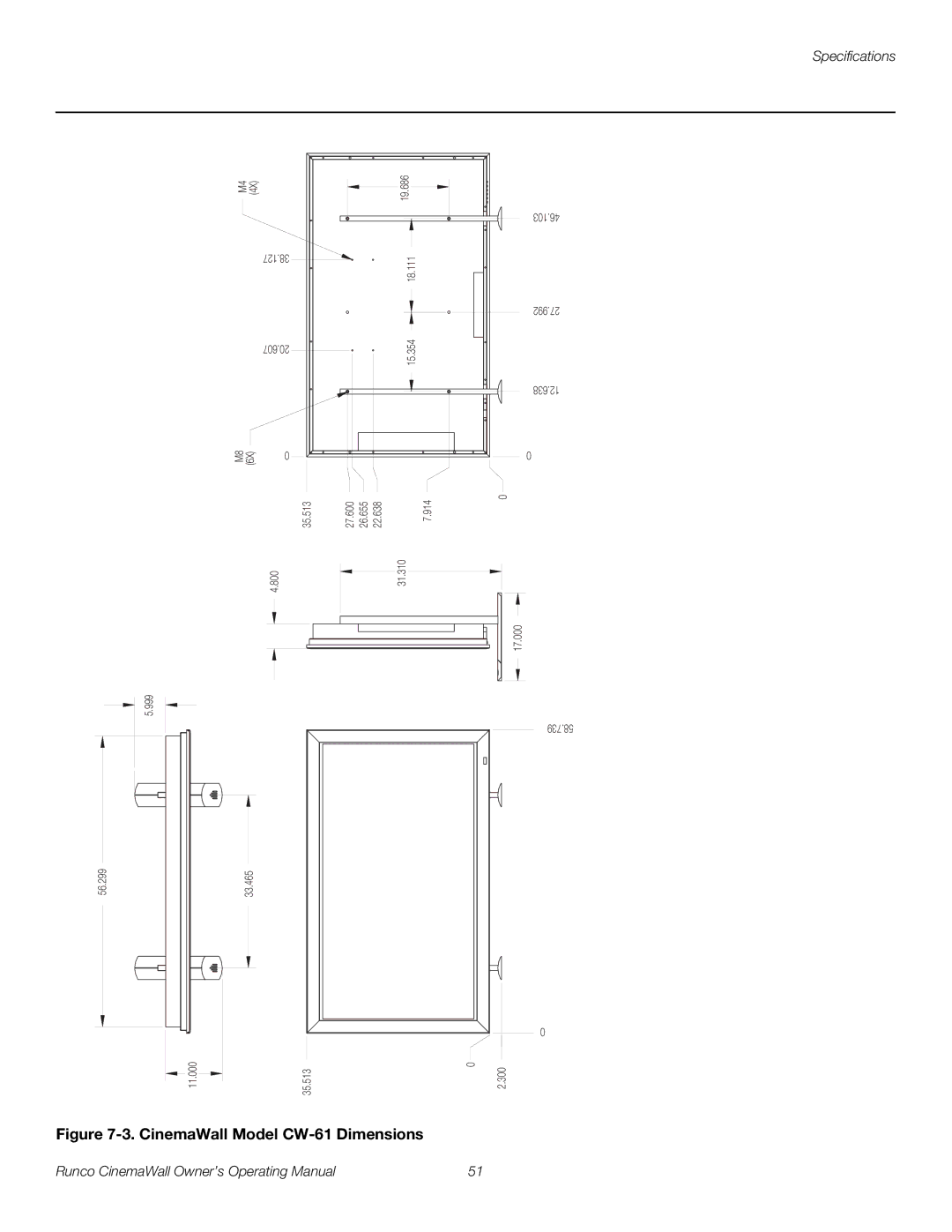 Runco CW-50XA, CW-42HD manual CinemaWall Model CW-61 Dimensions 