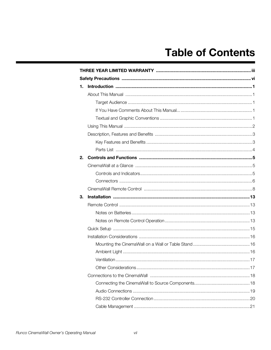 Runco CW-61, CW-50XA, CW-42HD manual Table of Contents 