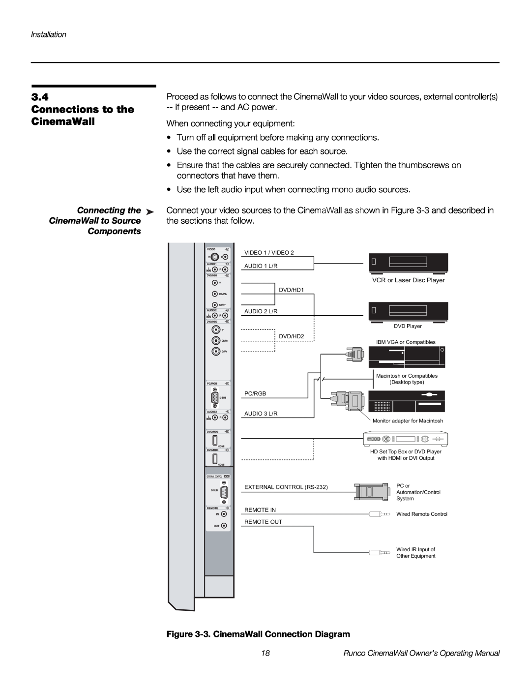 Runco CW-61 Connections to the, Connecting the, CinemaWall to Source, Components, 3. CinemaWall Connection Diagram 