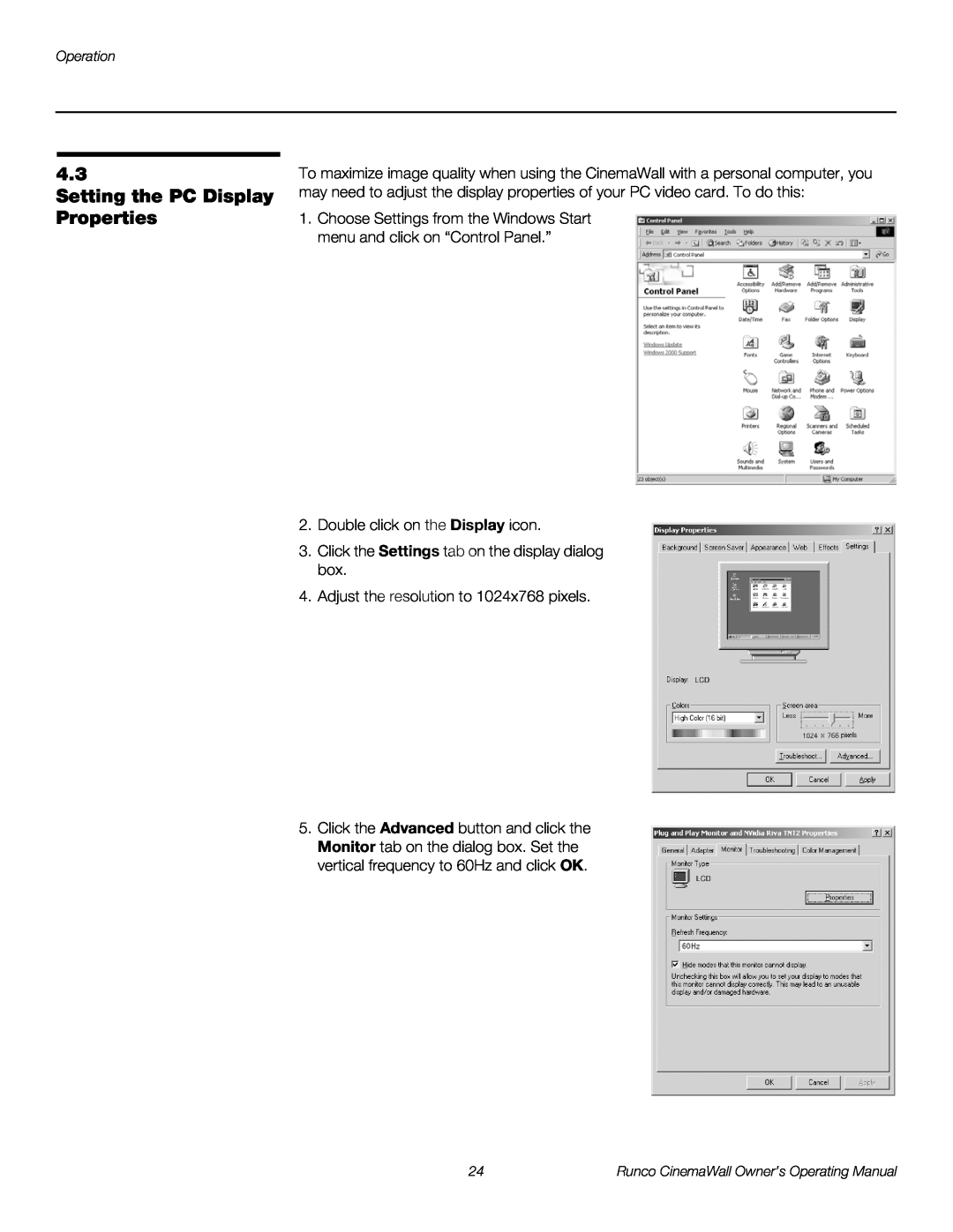 Runco CW-61, CW-50XA, CW-42HD manual Setting the PC Display Properties 