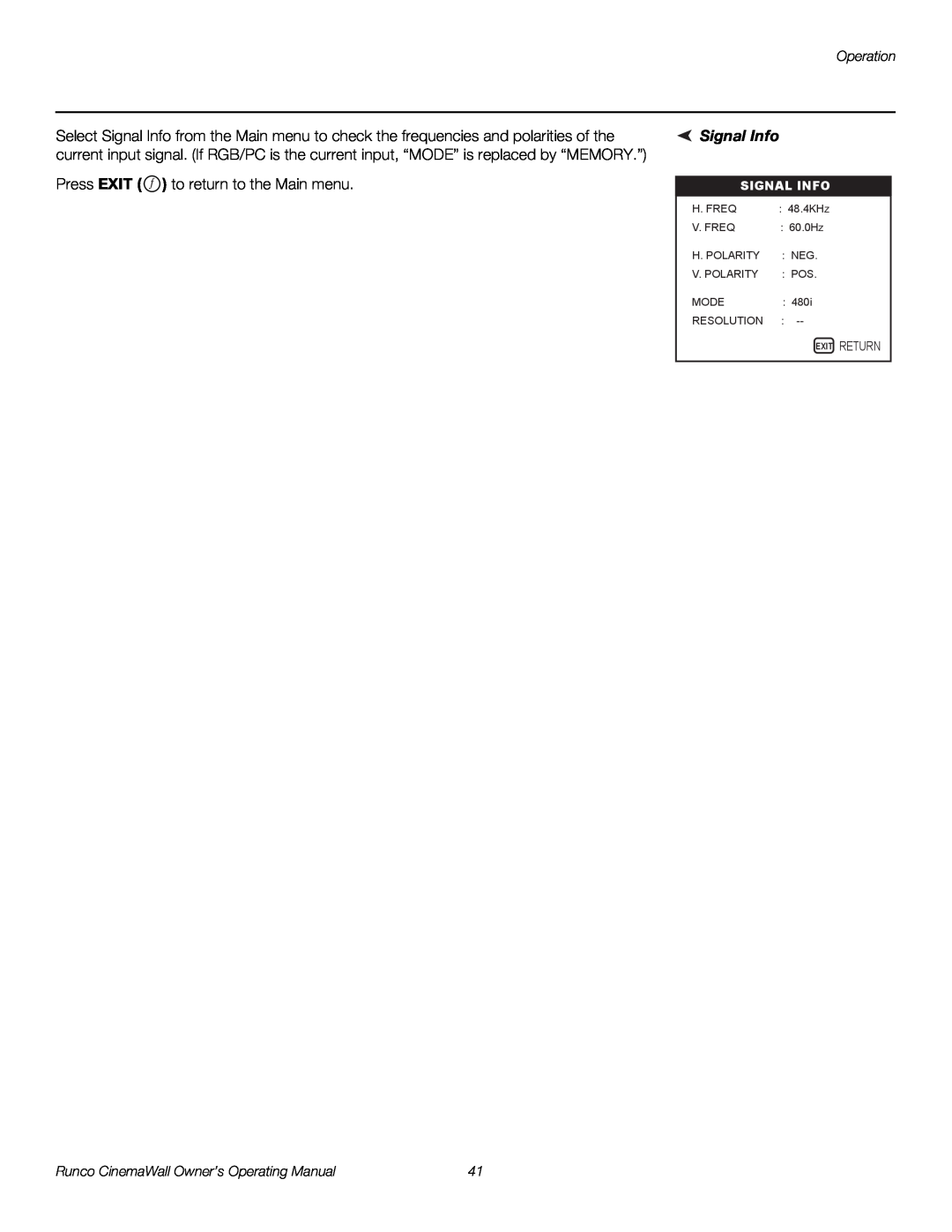 Runco CW-50XA, CW-61, CW-42HD manual Signal Info 