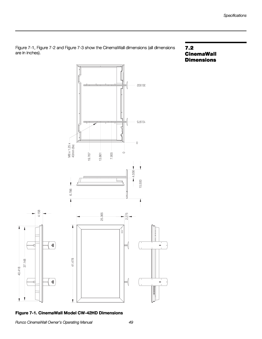 Runco CW-50XA 1. CinemaWall Model CW-42HD Dimensions, Specifications, Runco CinemaWall Owner’s Operating Manual 