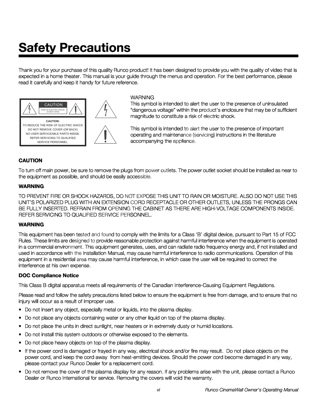 Runco CW-50XA, CW-61, CW-42HD manual Safety Precautions, DOC Compliance Notice 