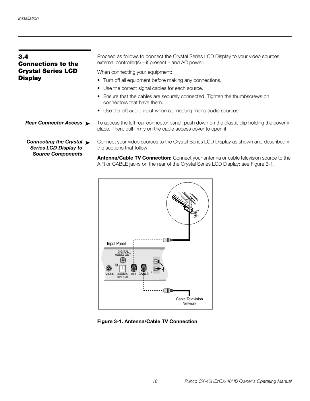 Runco CX-46HD, CX-40HD manual Connections to the Crystal Series LCD Display, Antenna/Cable TV Connection 