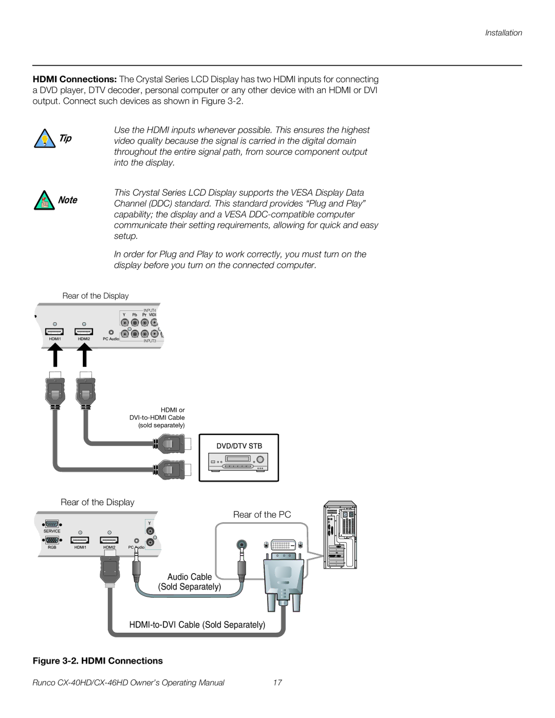 Runco CX-40HD, CX-46HD manual Hdmi Connections 