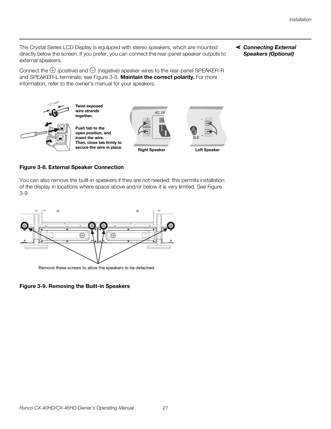 Runco CX-40HD, CX-46HD manual Connecting External, Speakers Optional 