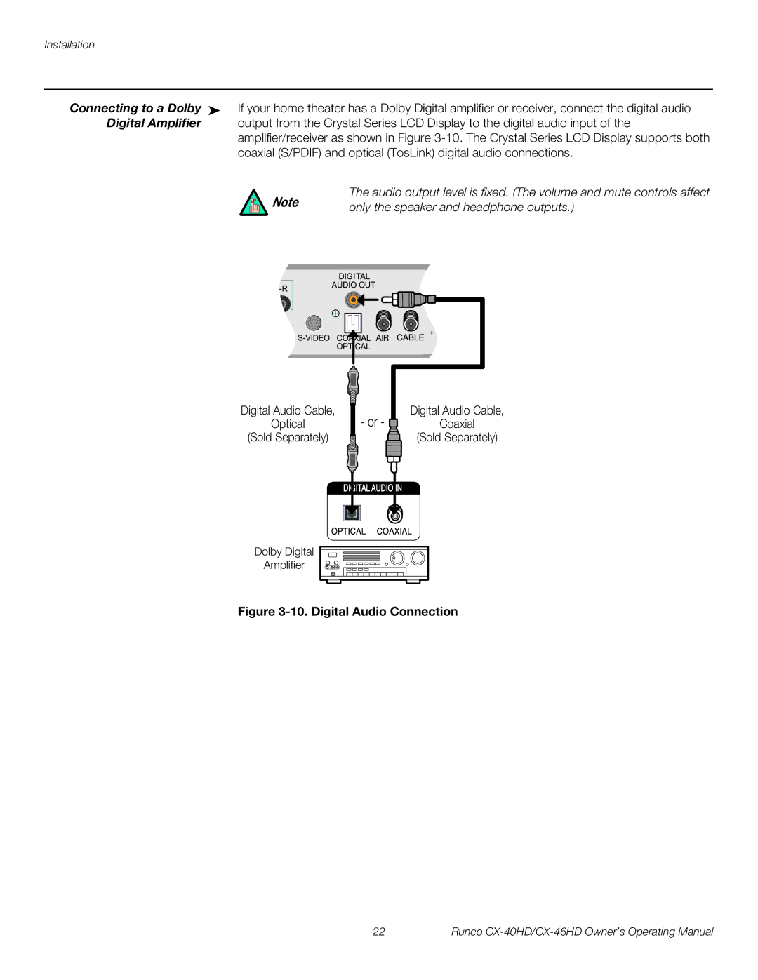 Runco CX-46HD, CX-40HD manual Connecting to a Dolby, Digital Audio Connection 