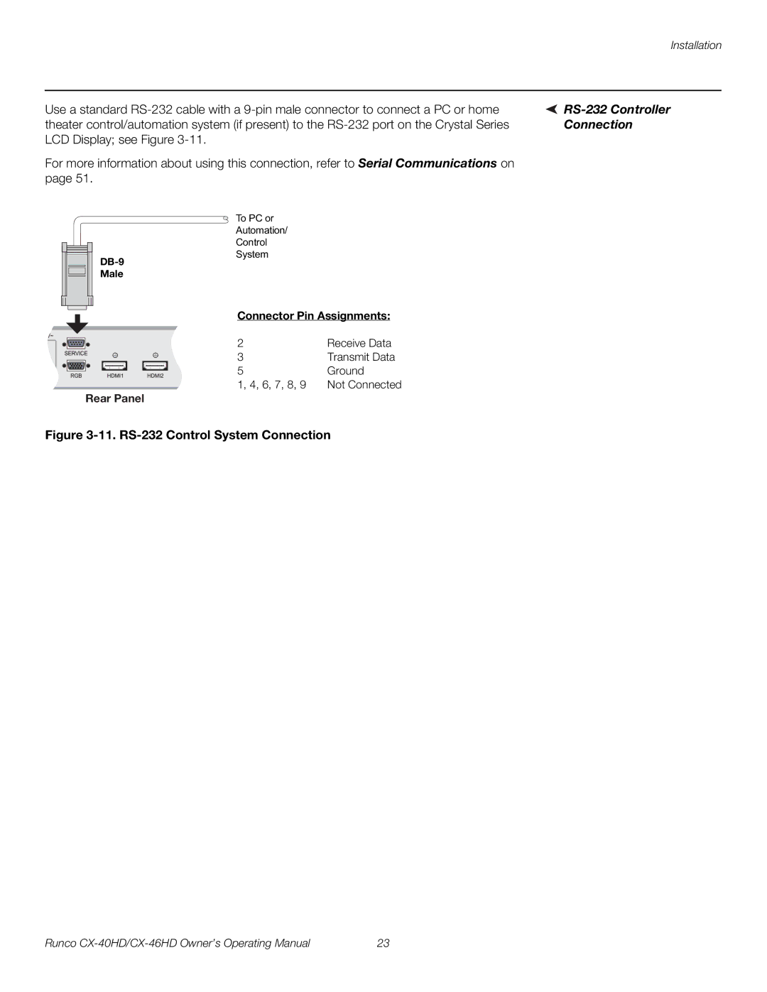 Runco CX-40HD, CX-46HD manual RS-232 Controller, Connection, Connector Pin Assignments, Rear Panel 