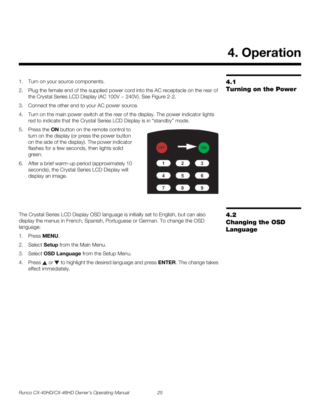 Runco CX-40HD Operation, Turning on the Power, Changing the OSD Language, Flashes for a few seconds, then lights solid 