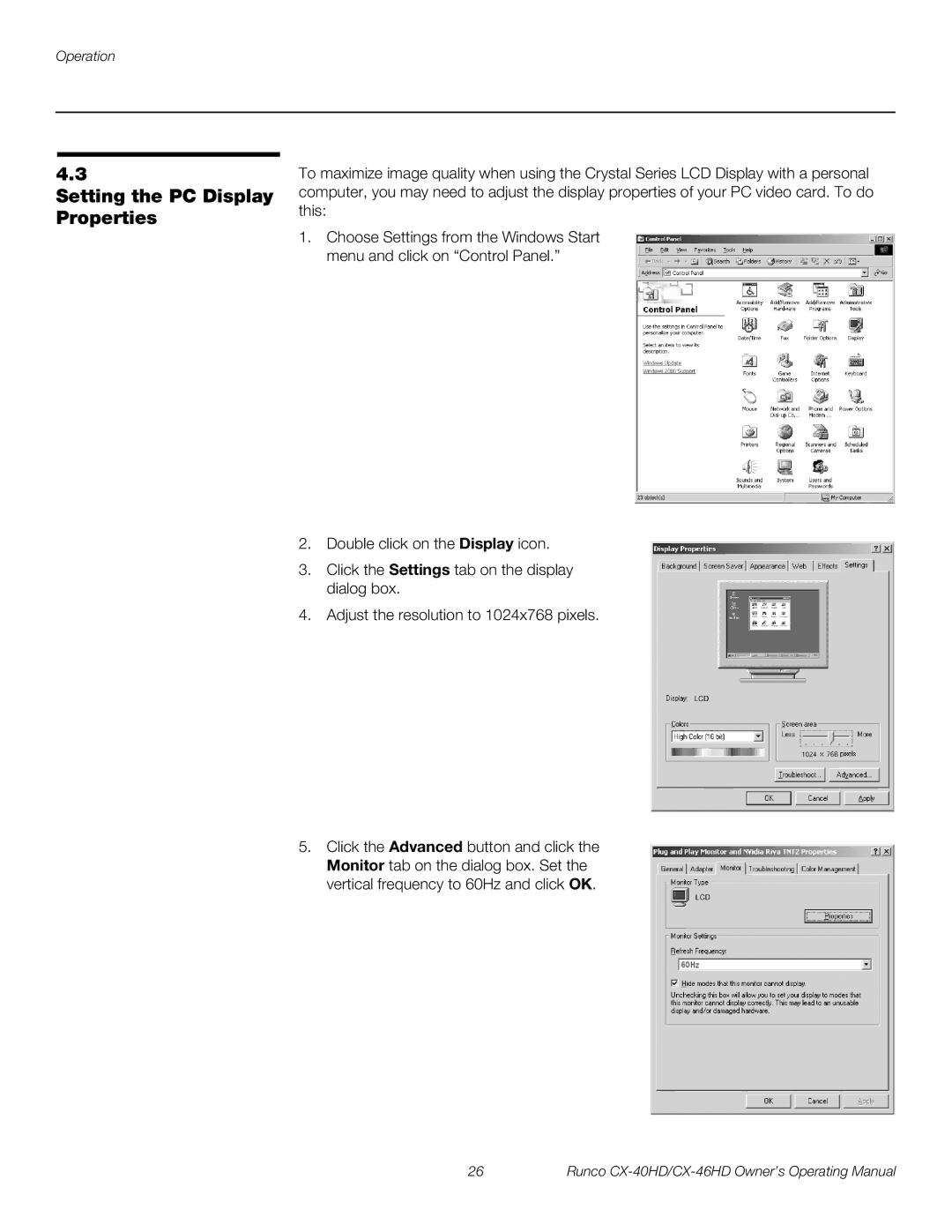 Runco CX-46HD, CX-40HD manual Setting the PC Display Properties 