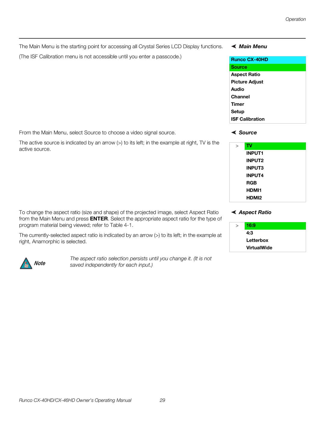 Runco CX-40HD, CX-46HD manual Main Menu, Source, Aspect Ratio, Letterbox VirtualWide 