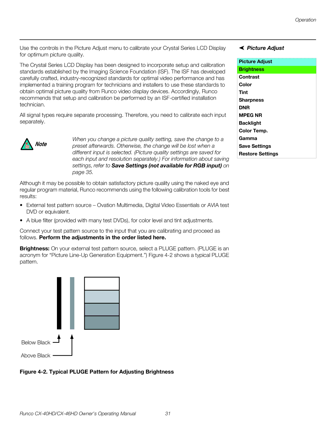 Runco CX-40HD, CX-46HD manual Picture Adjust Brightness Contrast Color Tint Sharpness 