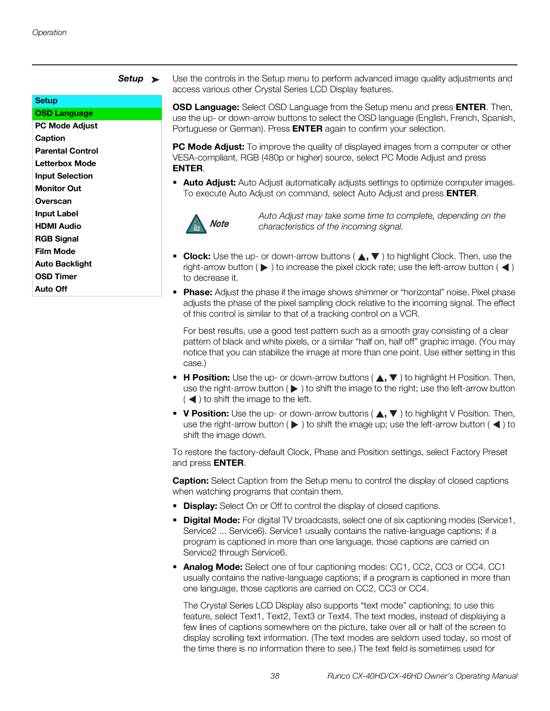 Runco CX-46HD, CX-40HD manual Setup, Characteristics of the incoming signal 