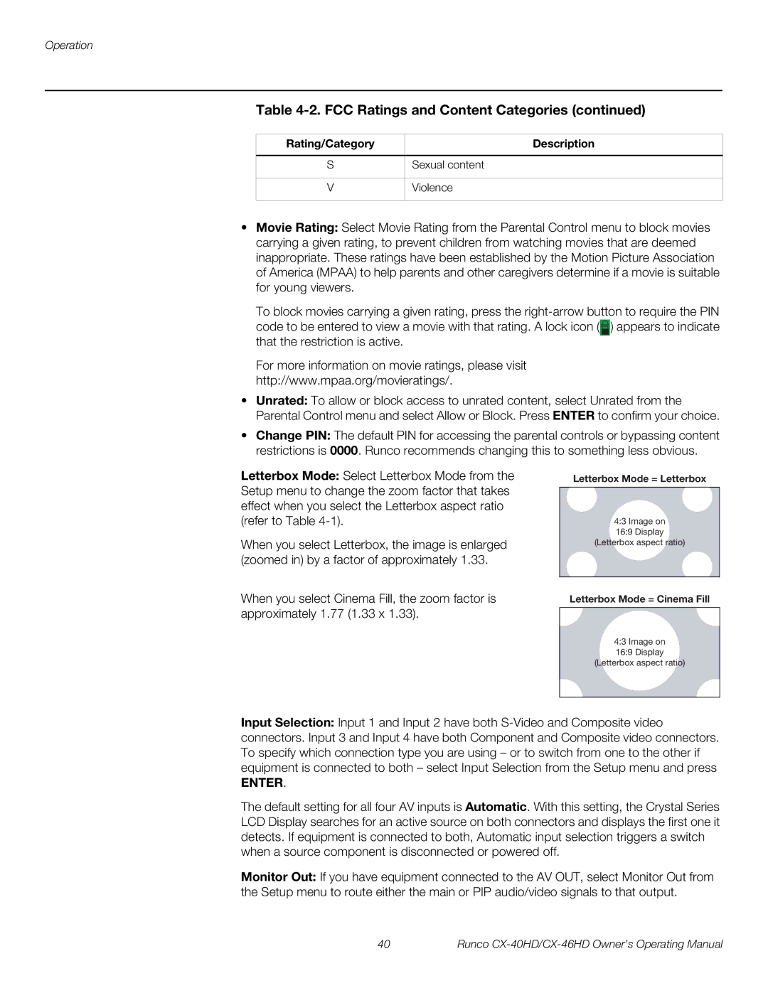 Runco CX-46HD, CX-40HD manual Rating/Category Description Sexual content 