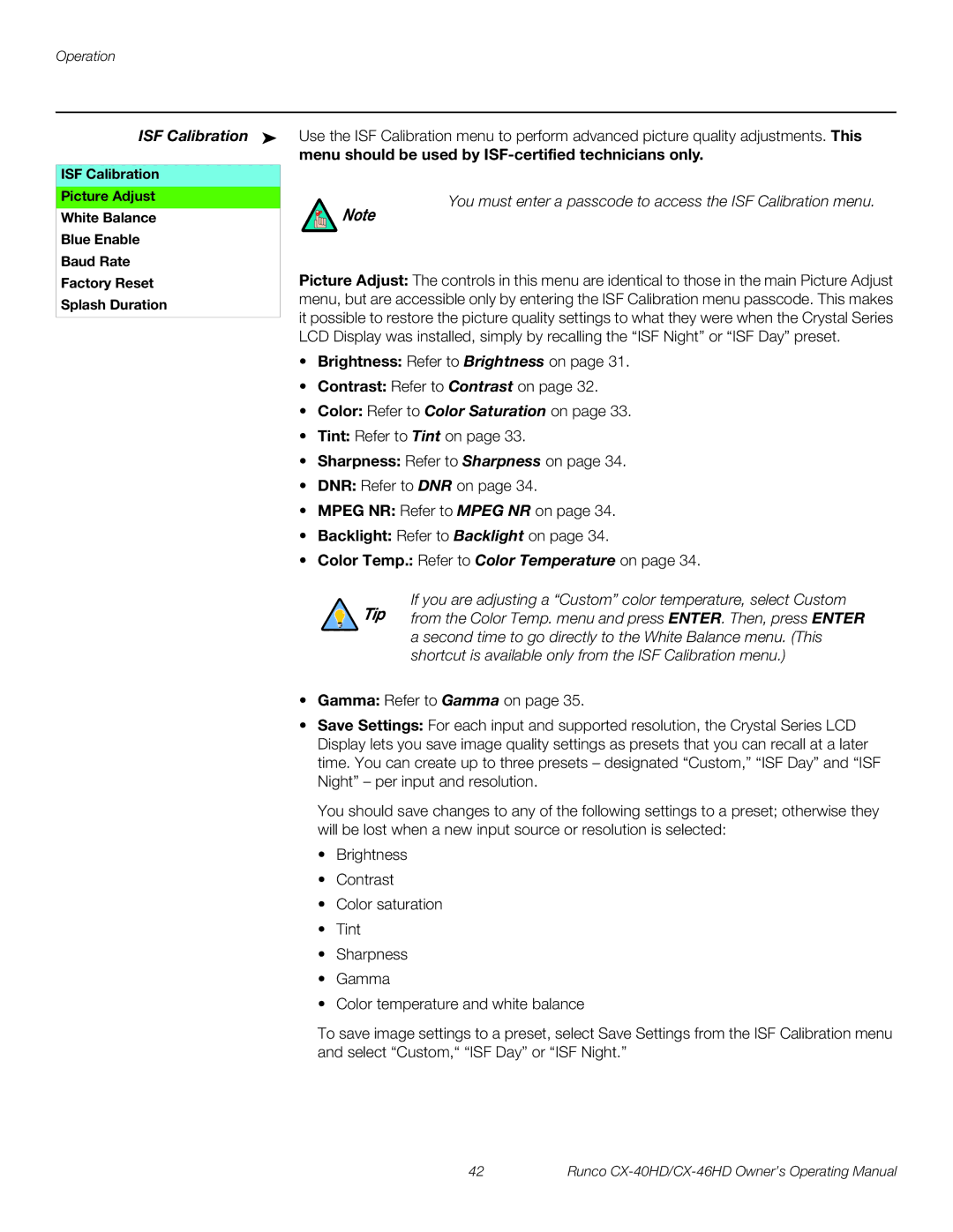 Runco CX-46HD, CX-40HD manual ISF Calibration, Menu should be used by ISF-certified technicians only 