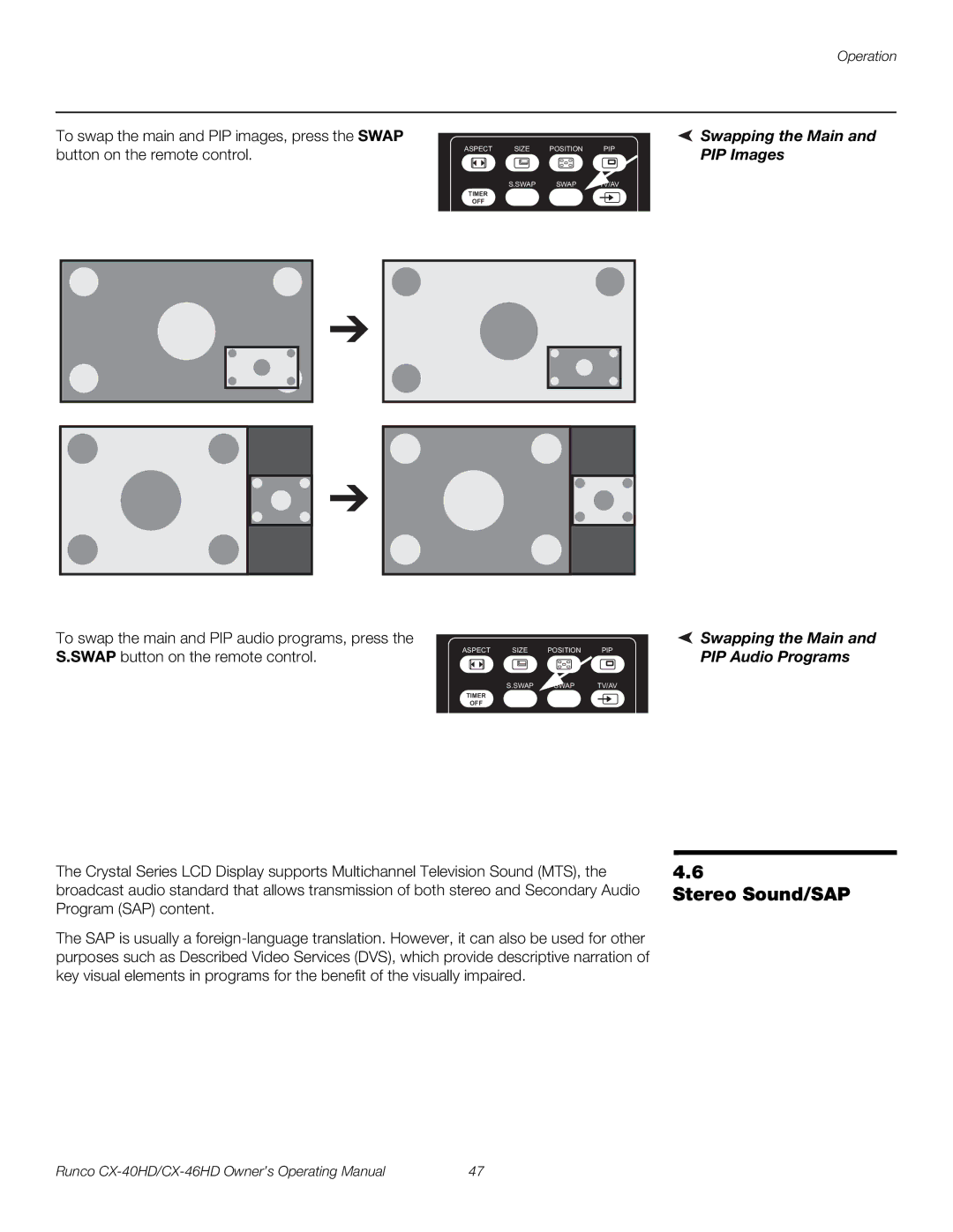 Runco CX-40HD, CX-46HD manual Stereo Sound/SAP, Swapping the Main and PIP Images, Swapping the Main PIP Audio Programs 