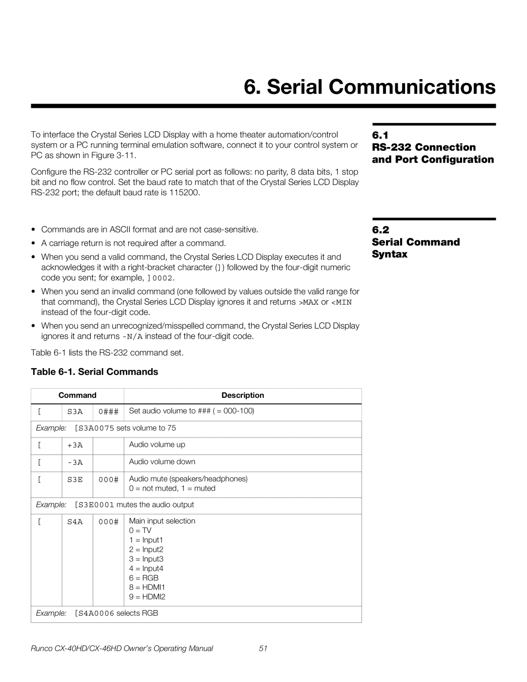 Runco CX-40HD Serial Communications, RS-232 Connection and Port Configuration, Serial Command Syntax, Serial Commands 