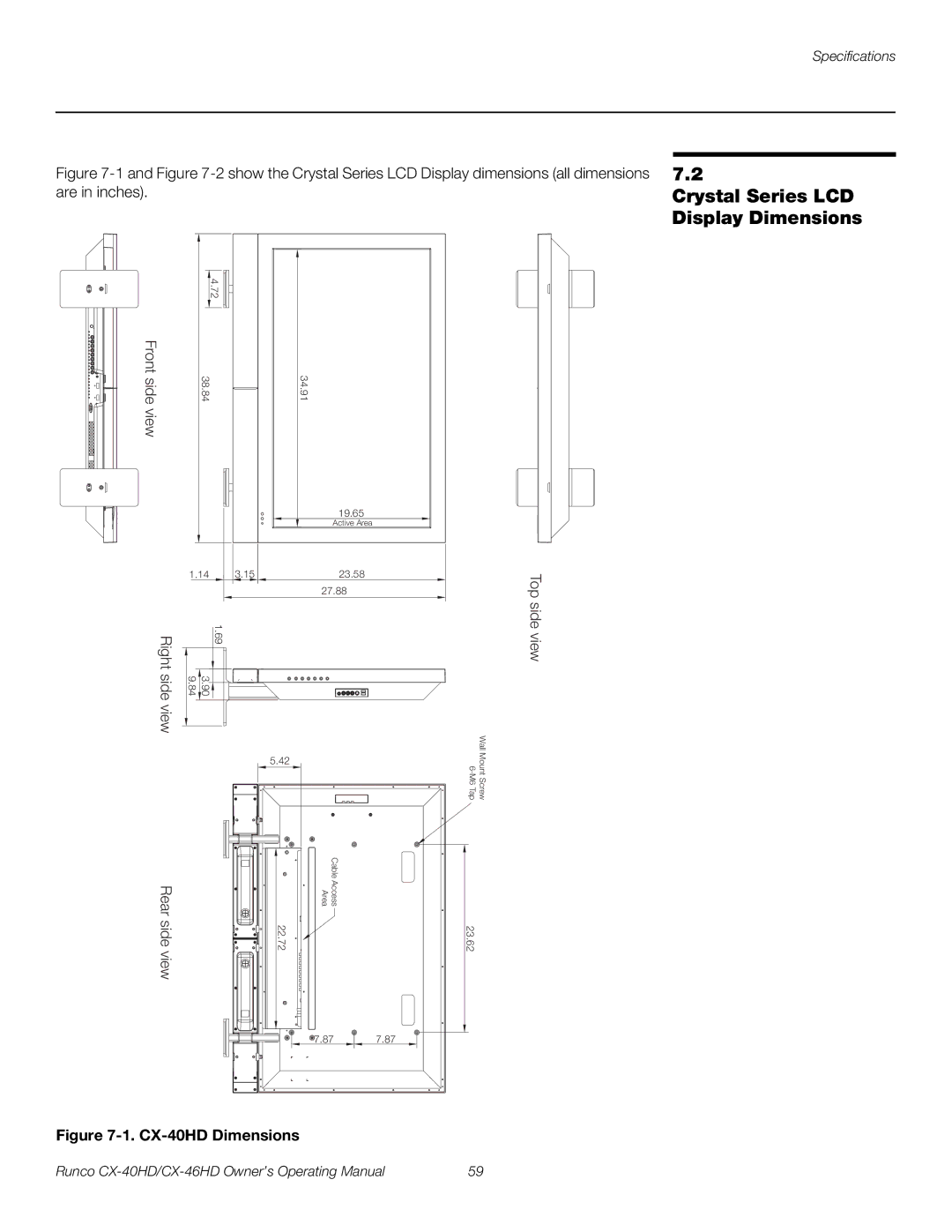 Runco CX-46HD manual Crystal Series LCD Display Dimensions, CX-40HD Dimensions 