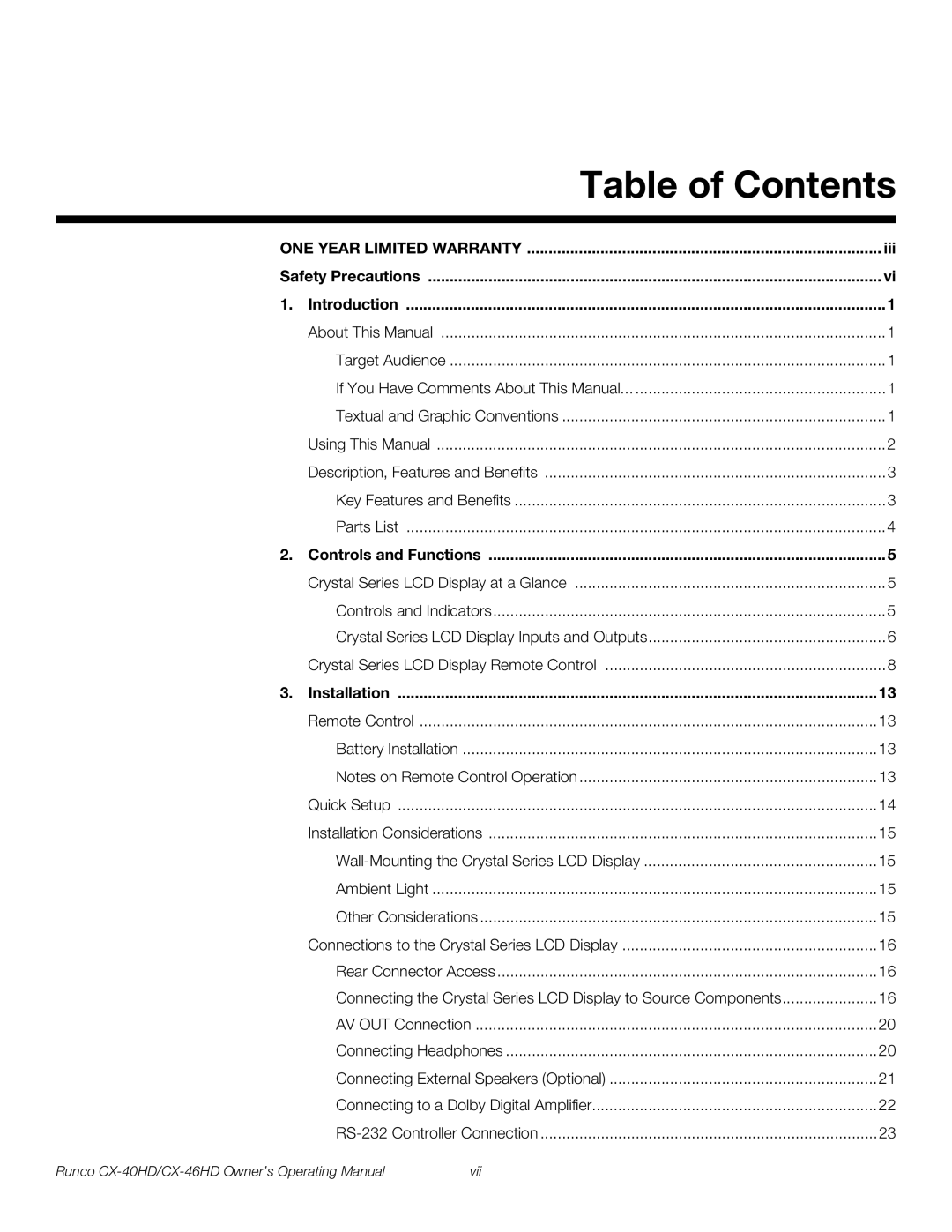 Runco CX-40HD, CX-46HD manual Table of Contents 