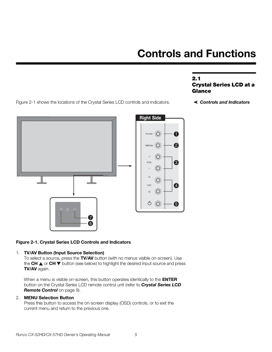 Runco CX-57HD manual Controls and Functions, Crystal Series LCD at a Glance, Controls and Indicators, Menu Selection Button 