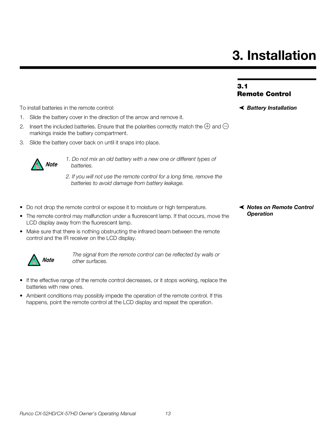 Runco CX-57HD, CX-52HD manual Remote Control, Battery Installation 