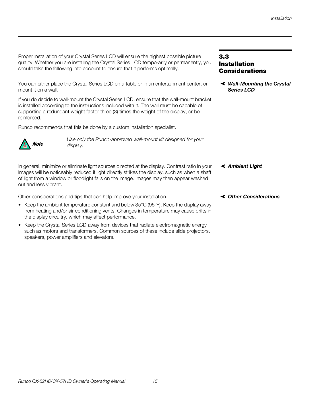 Runco CX-57HD manual Installation Considerations, Wall-Mounting the Crystal Series LCD, Ambient Light, Other Considerations 