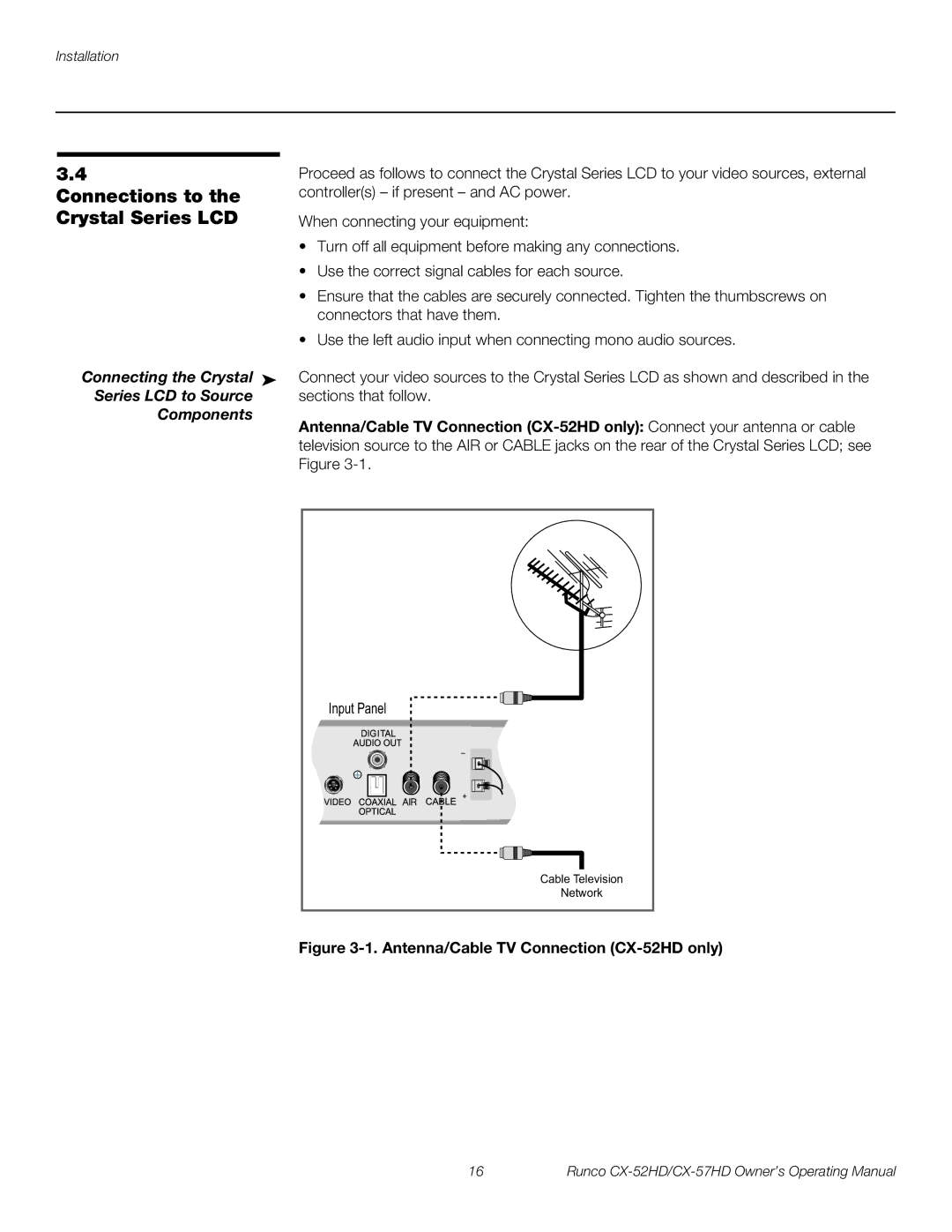 Runco CX-52HD, CX-57HD Connections to the Crystal Series LCD, Connecting the Crystal, Series LCD to Source, Components 