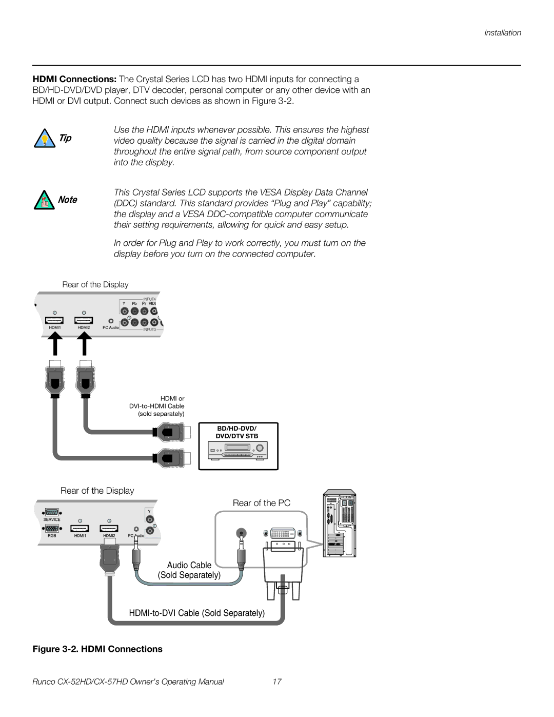 Runco CX-57HD, CX-52HD manual Hdmi Connections 