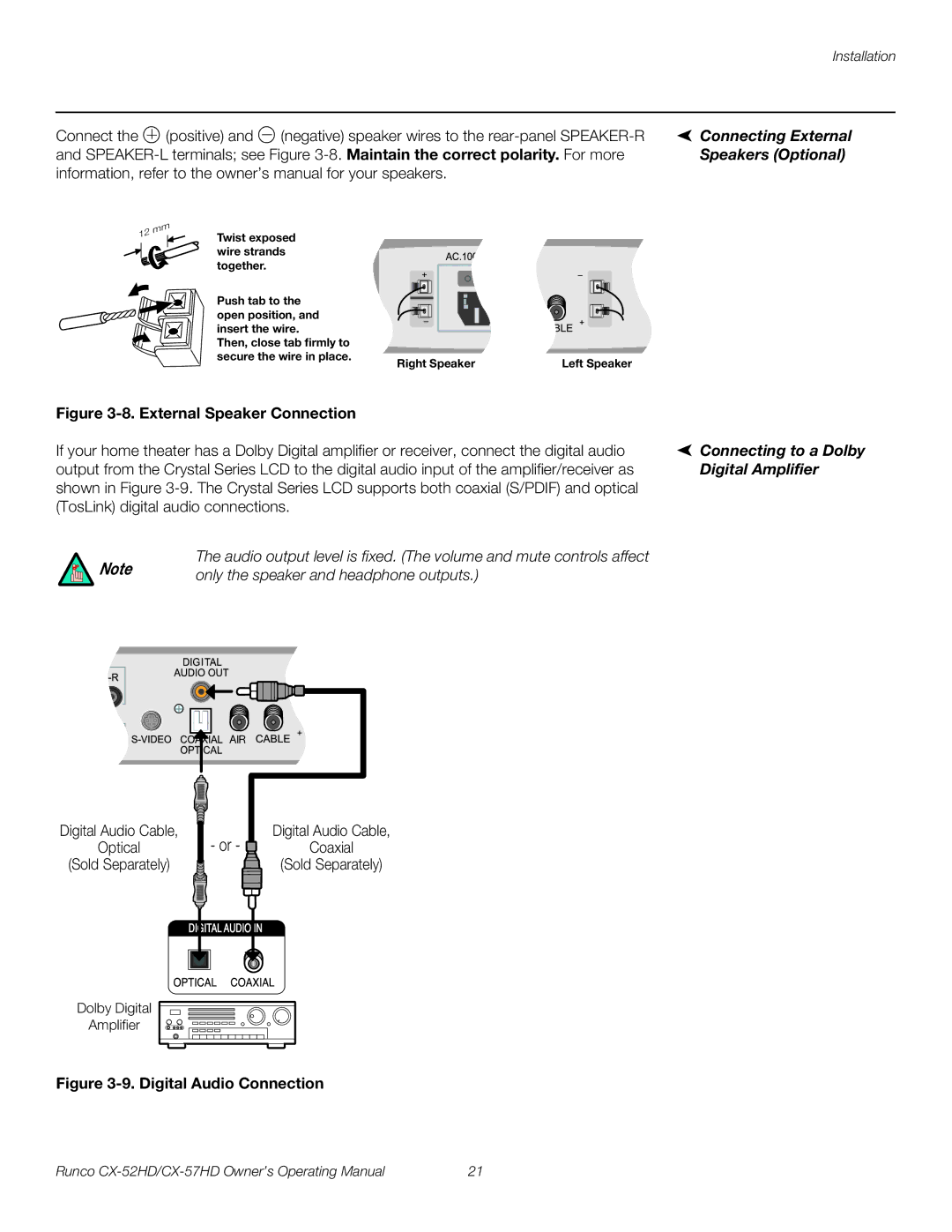 Runco CX-57HD, CX-52HD manual Connecting External, Speakers Optional, Connecting to a Dolby, Digital Amplifier 