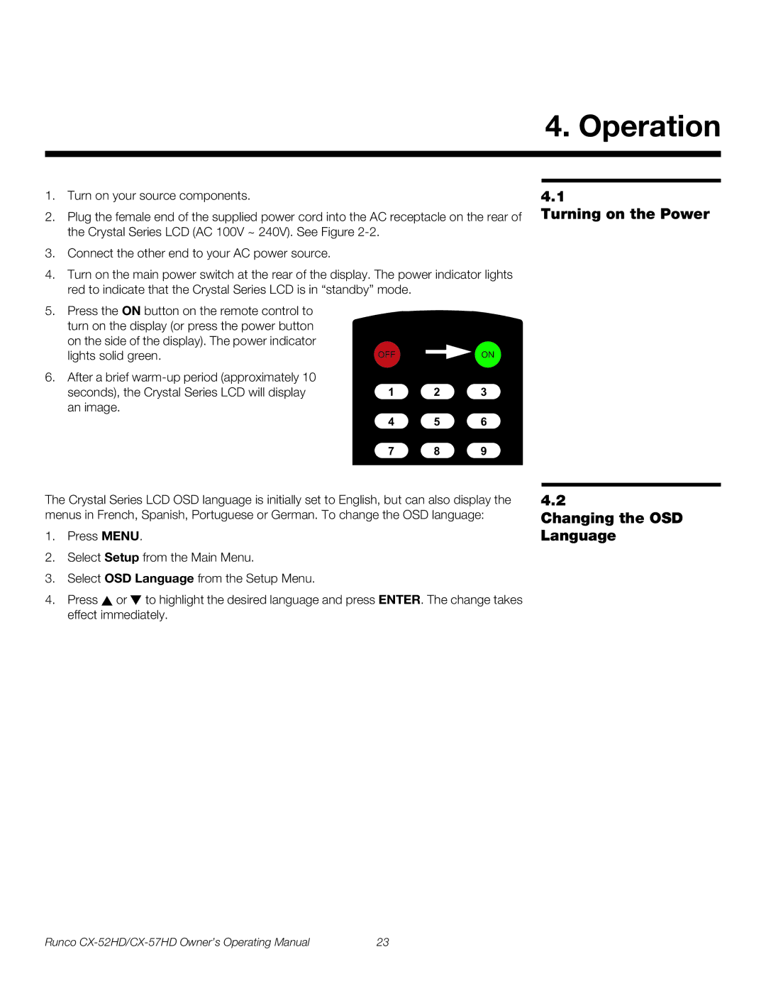 Runco CX-57HD, CX-52HD manual Operation, Turning on the Power, Changing the OSD Language 