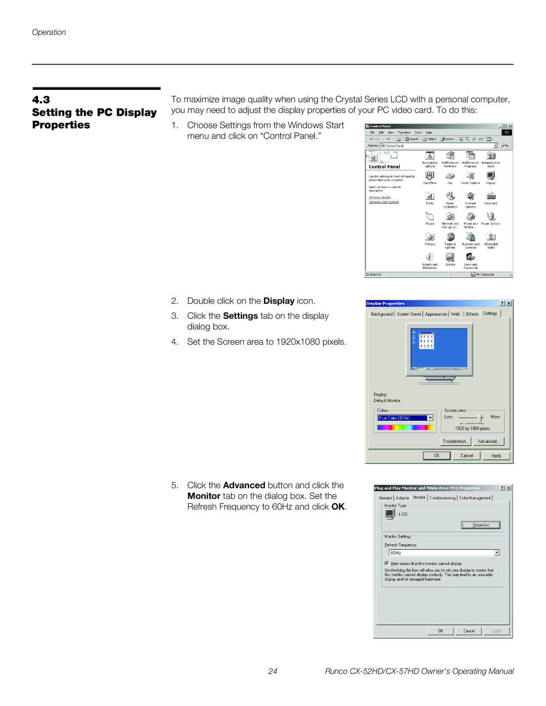 Runco CX-52HD, CX-57HD manual Setting the PC Display Properties 