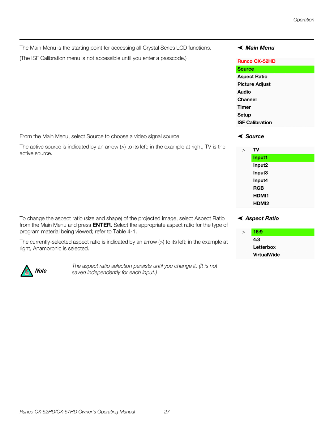 Runco CX-57HD, CX-52HD manual Main Menu, Source, Aspect Ratio, Input1 Input2 Input3 Input4, Letterbox VirtualWide 
