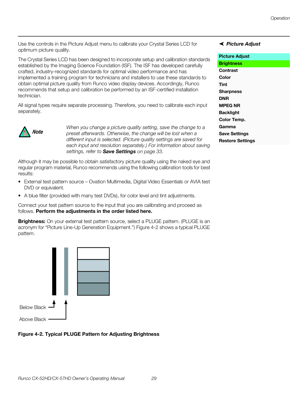Runco CX-57HD, CX-52HD manual Picture Adjust Brightness Contrast Color Tint Sharpness 