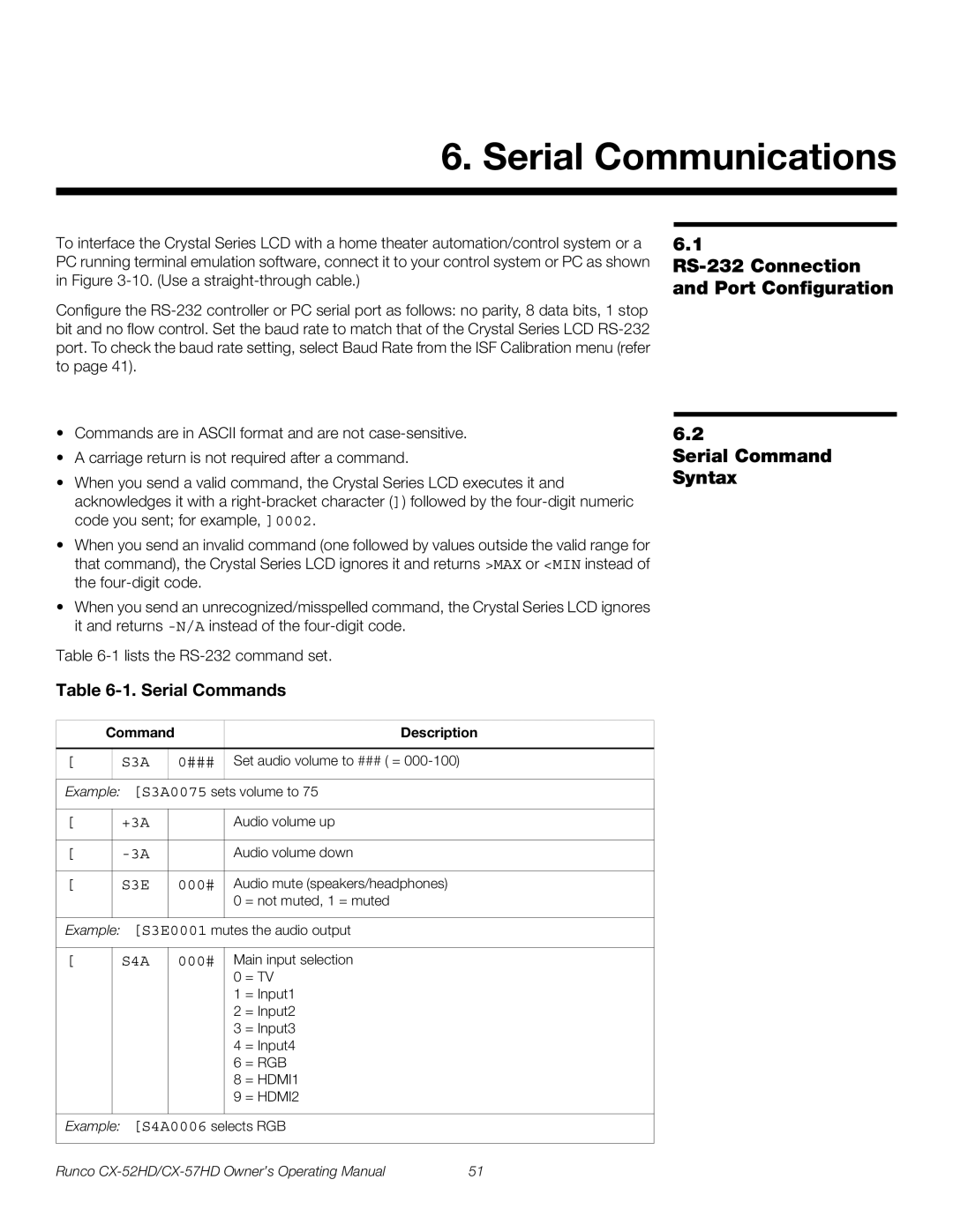 Runco CX-57HD Serial Communications, RS-232 Connection and Port Configuration, Serial Command Syntax, Serial Commands 