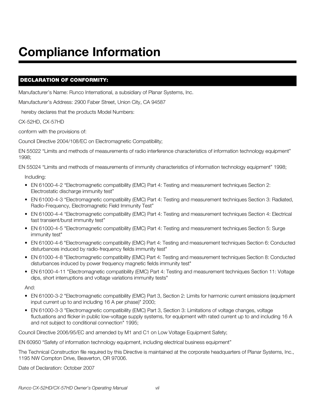 Runco CX-57HD, CX-52HD manual Compliance Information, Declaration of Conformity 