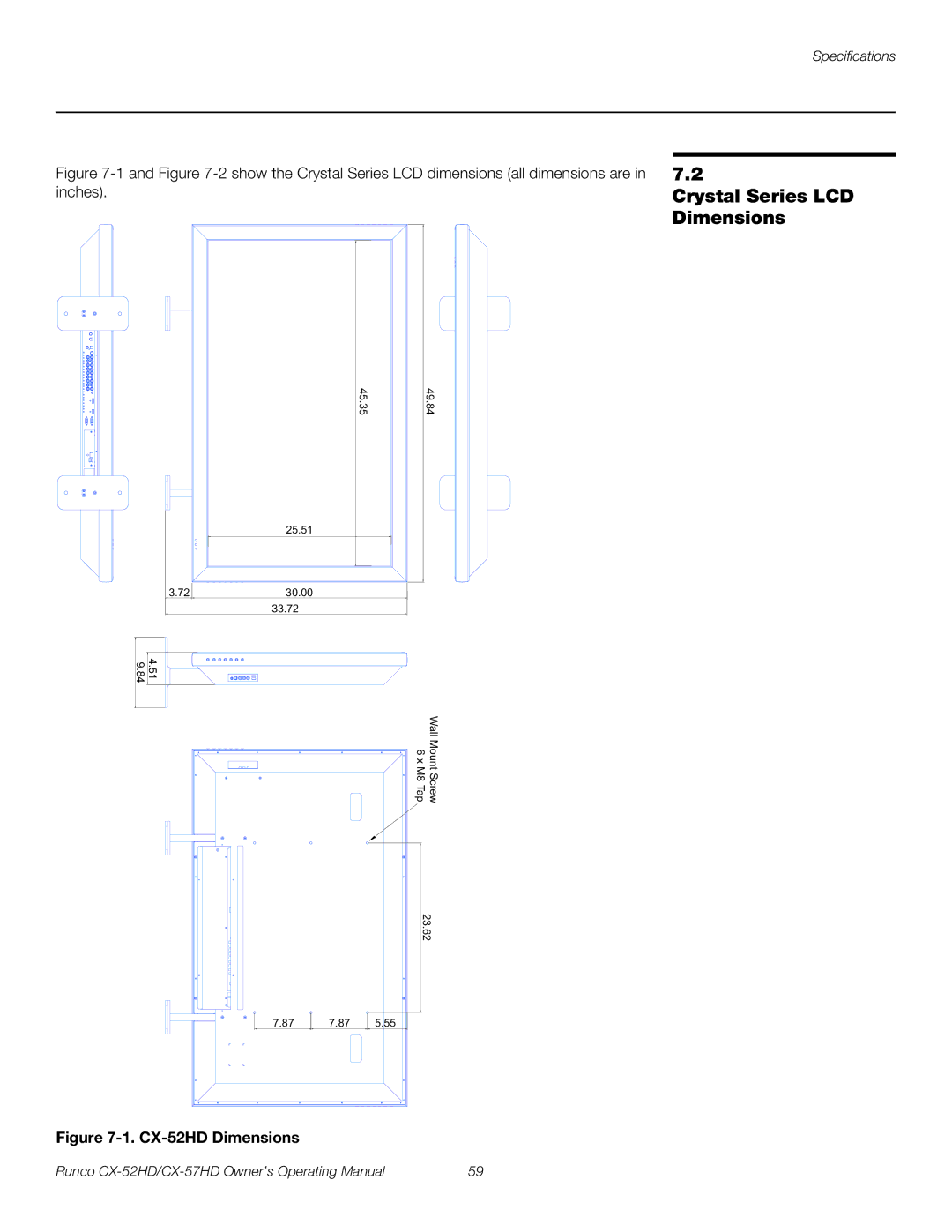 Runco CX-57HD manual Crystal Series LCD Dimensions, CX-52HD Dimensions 