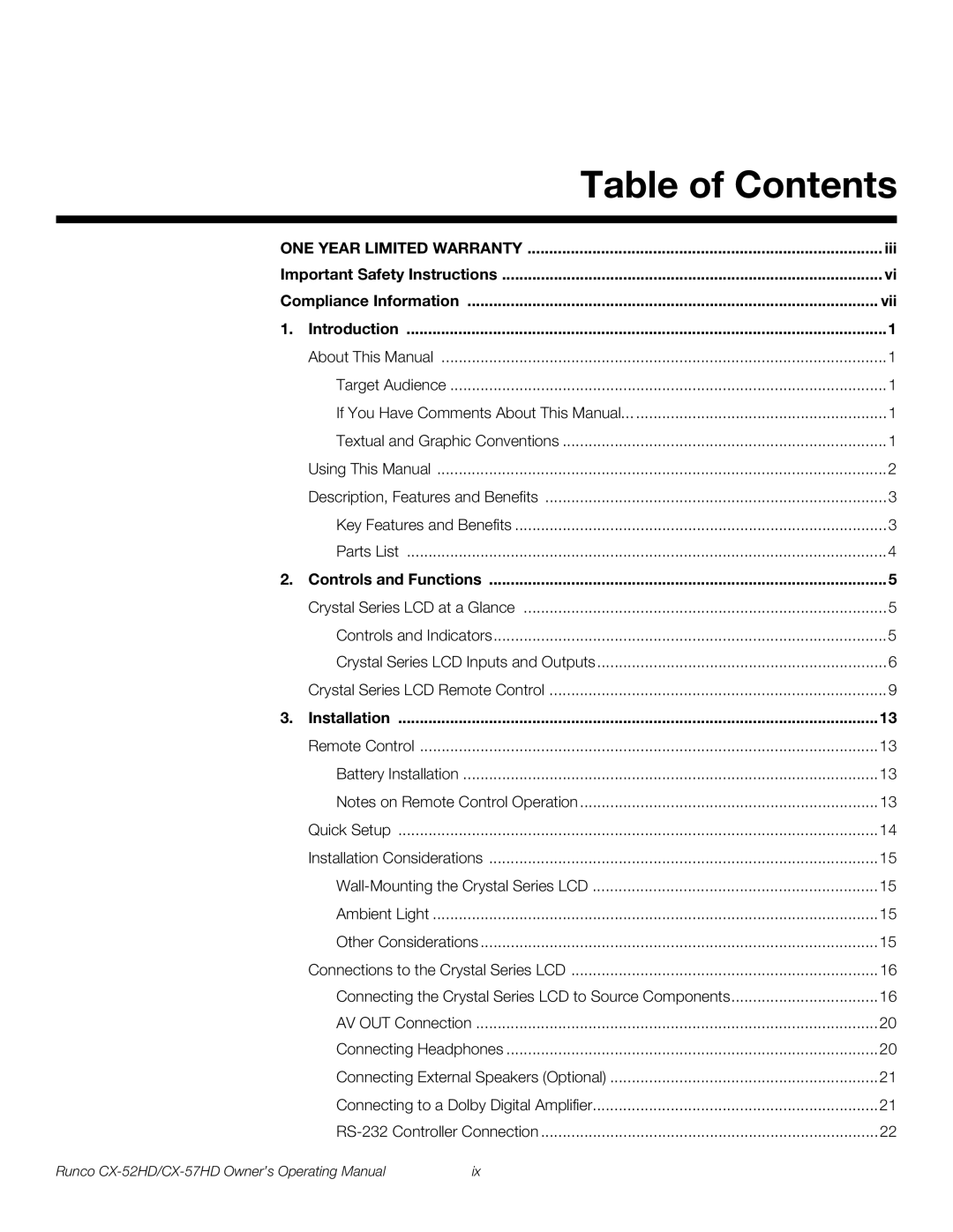 Runco CX-57HD, CX-52HD manual Table of Contents 