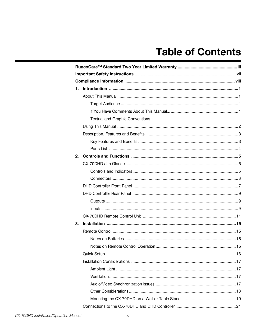 Runco CX-70DHD operation manual Table of Contents 