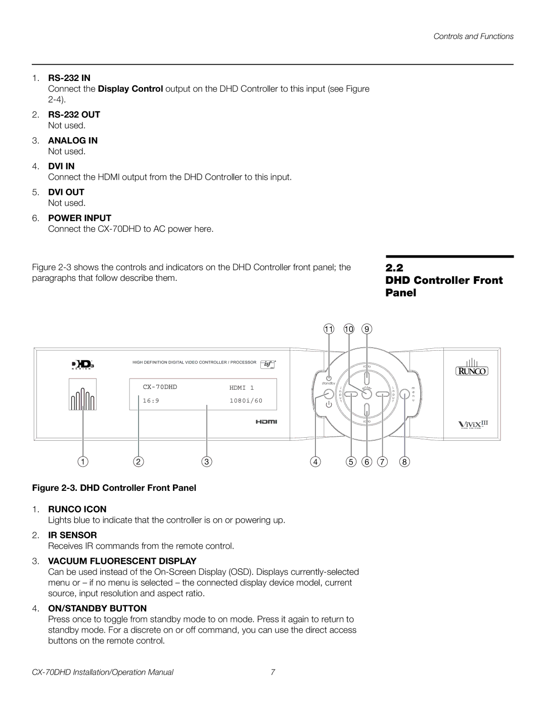 Runco CX-70DHD operation manual DHD Controller Front Panel 