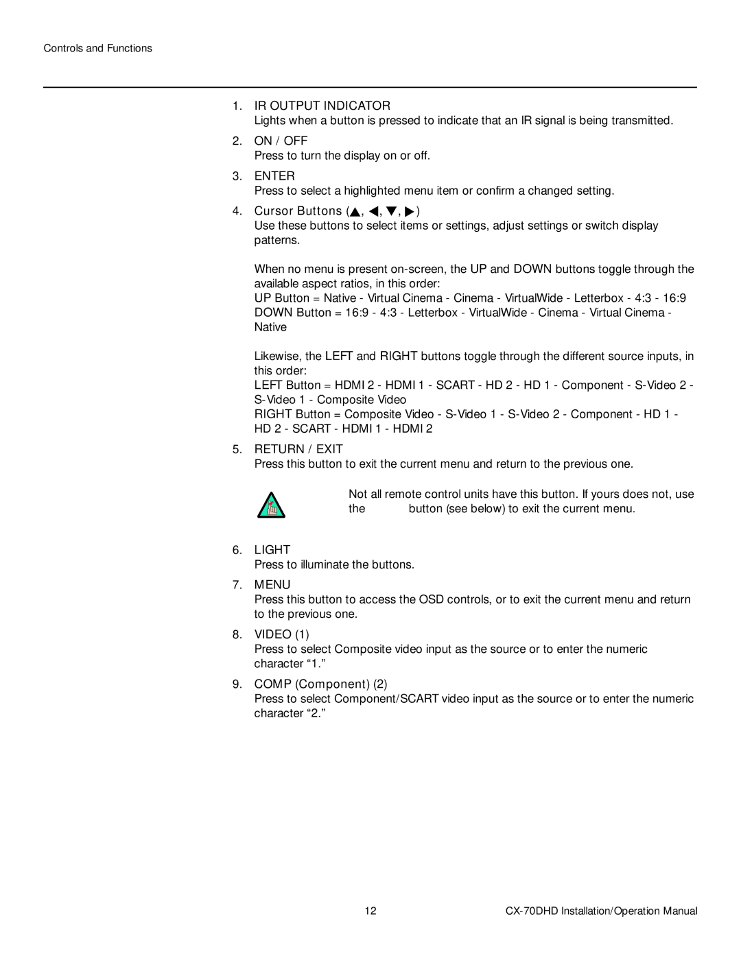 Runco CX-70DHD operation manual IR Output Indicator, Enter, Return / Exit, Light, Menu 